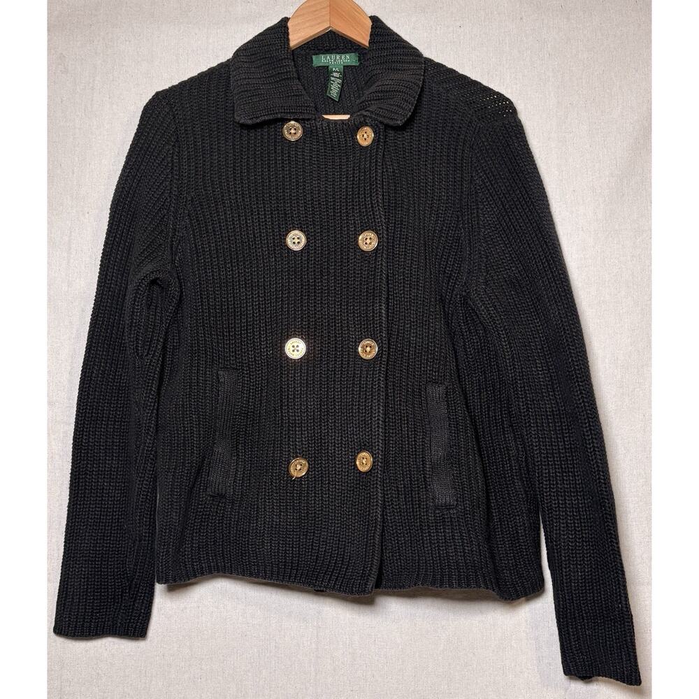 Lauren Ralph Lauren Black Double Breasted Knit Sweater Heavyweight Linen Blend